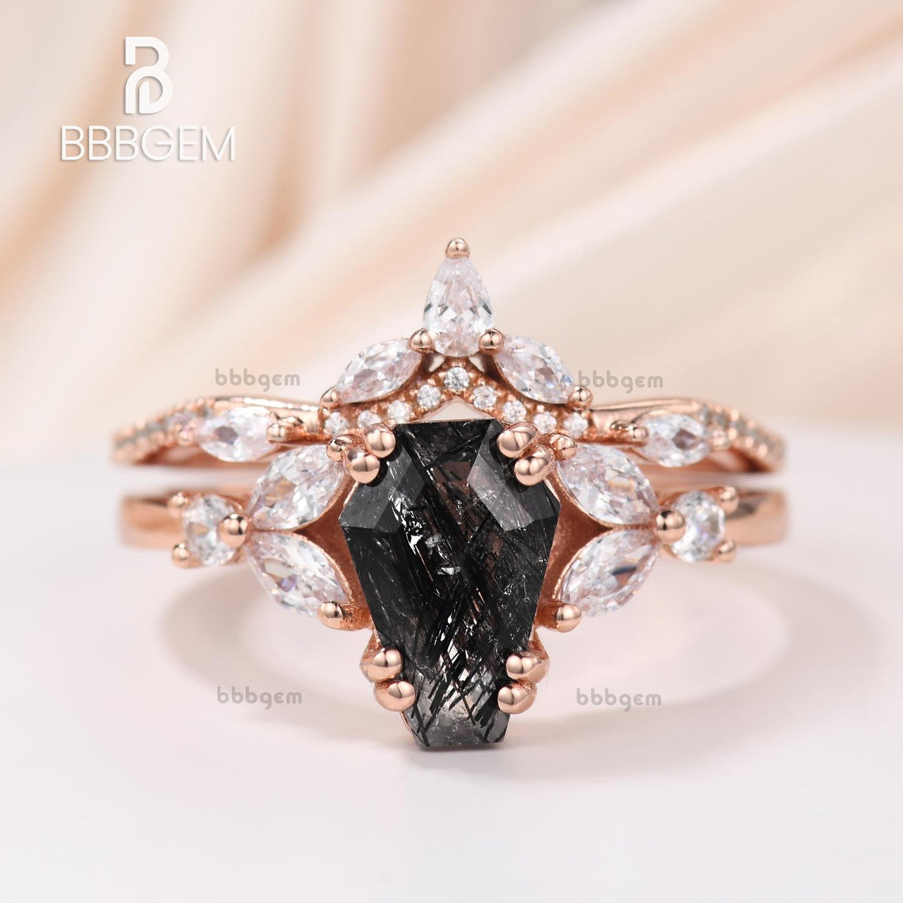 coffin shape black rutilated quartz ring set-rose gold black rutilated quartz engagement ring-bbbgem women jewelry