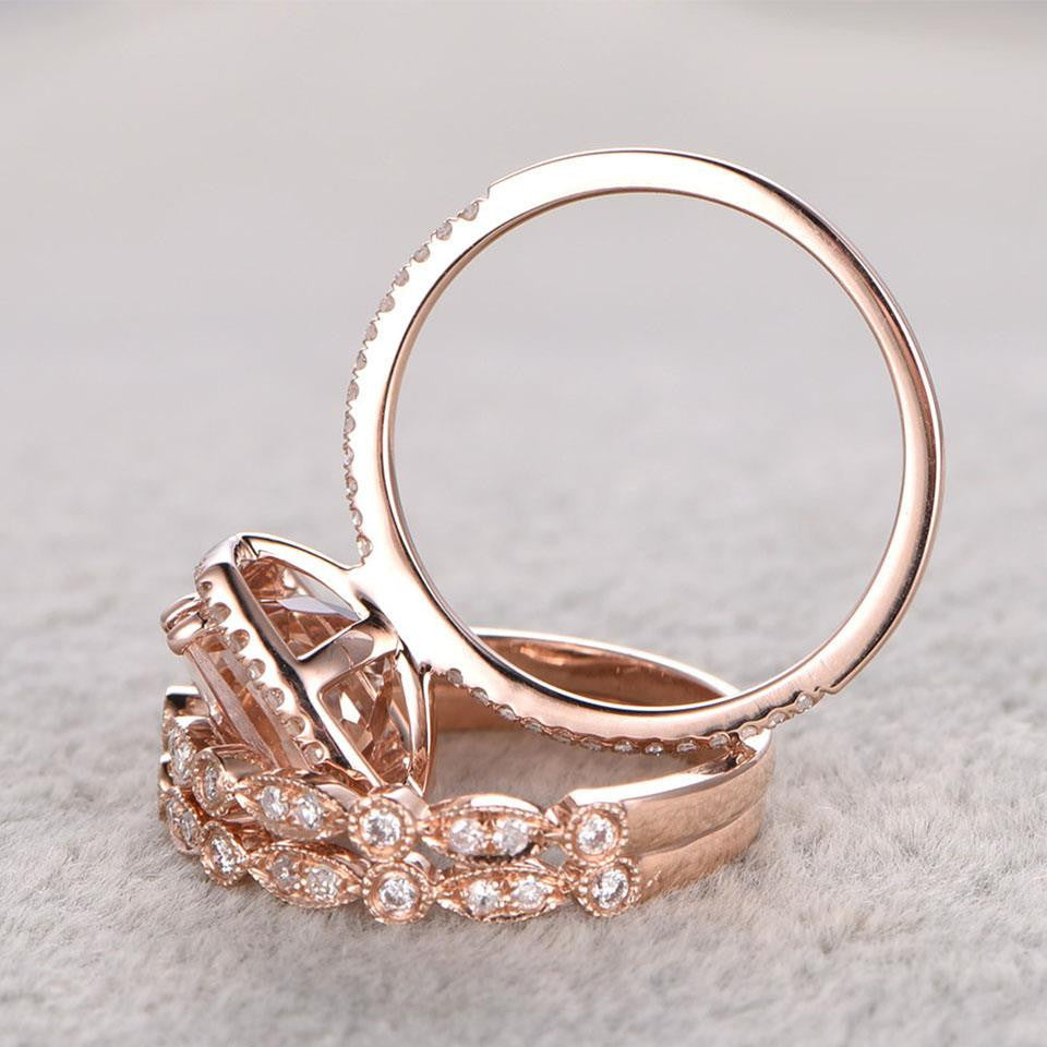 morganite diamond engagement rings-BBBGEM halo cushion morganite wedding sets