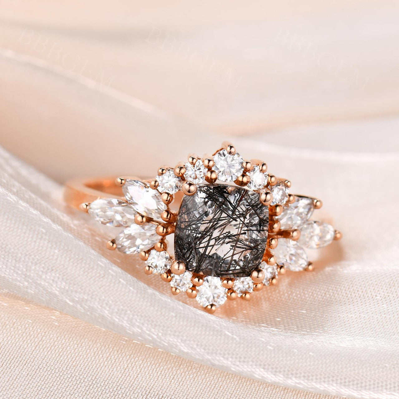cushion rutilated quartz engagement ring-cluster quartz engagement ring-BBBGEM Black Rutilated Quartz Ring