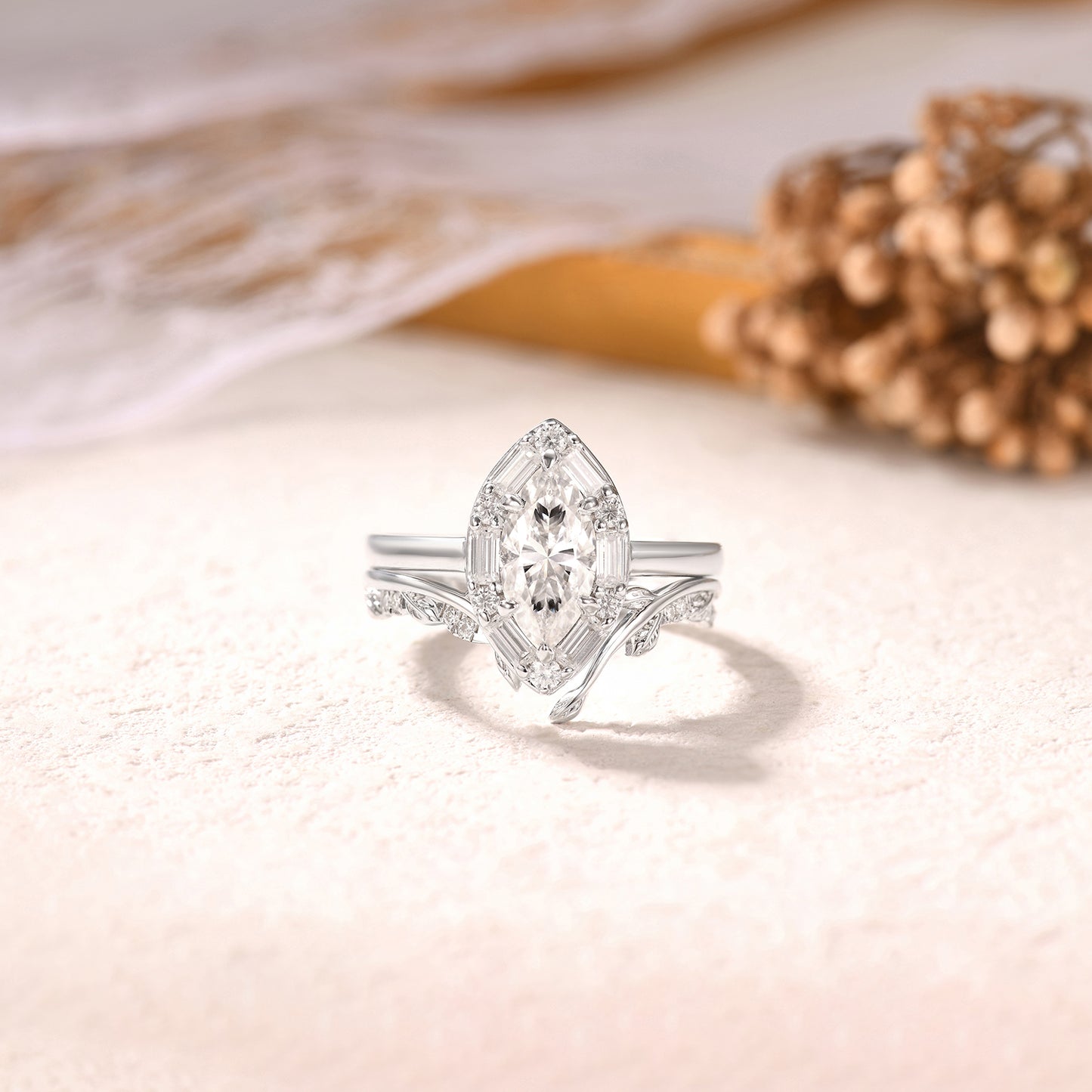 Solid Gold Art Deco Open Curved Natural Diamond Leaf Matching Wedding Band