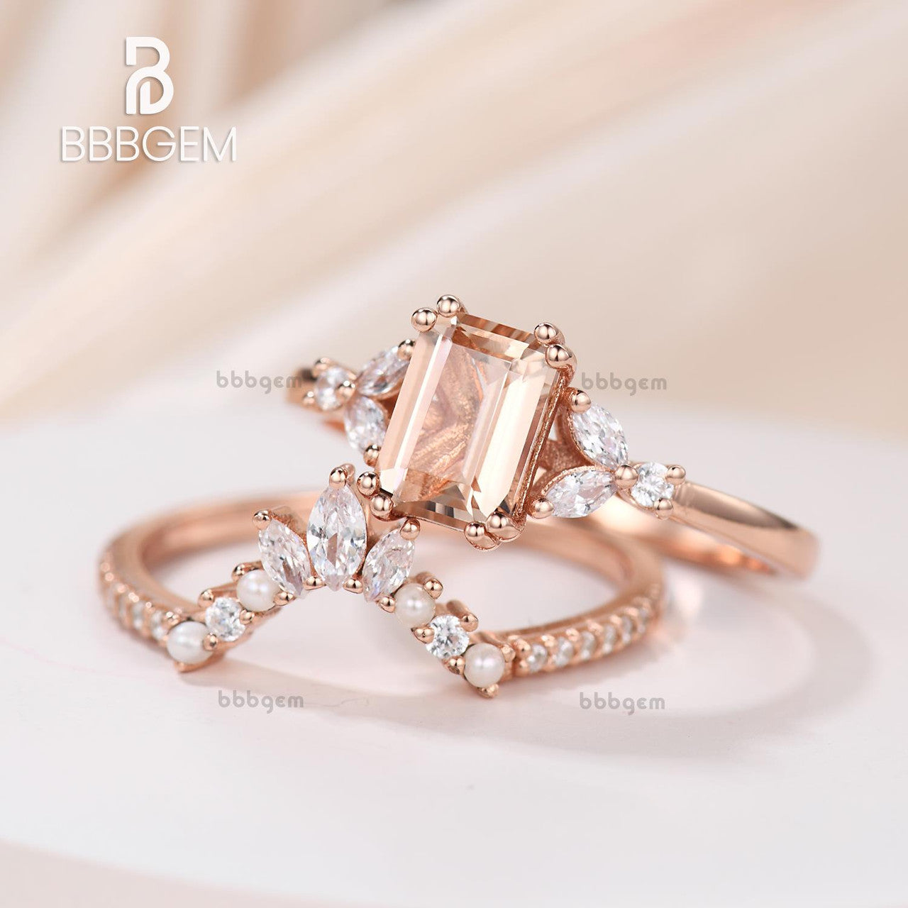 emerald cut morganite rose gold ring set-BBBGEM emerald cut morganite engagement ring SET