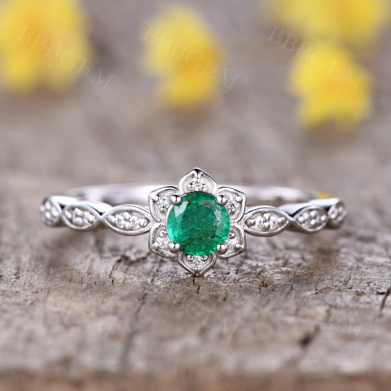 emerald scalloped band-Dainty Natural Emerald Cut Engagement Rings For Women-bbbgem raw emerald ring nature flower engagement ring