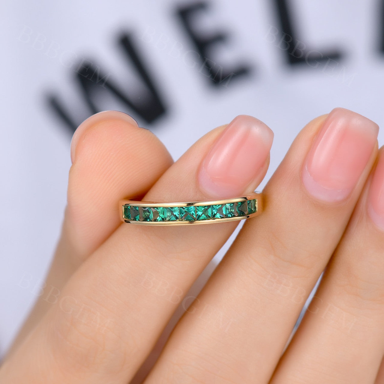 half eternity emerald band-channel set women band-women stacker emerald band-bbbgem jewelry