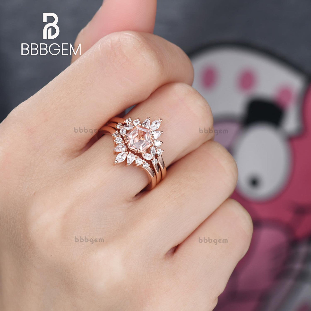 hexagon morganite ring rose gold vintage unique Hexagon cut peach morganite engagement ring set for women minimalist moissanite bridal ring set