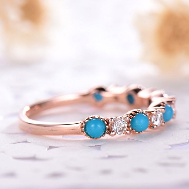 Turquoise Diamond Wedding Band Rose Gold 05