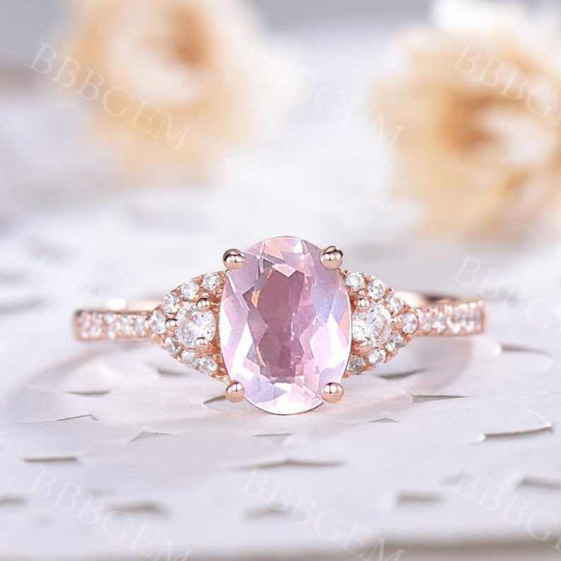 CT Vintage Rose Quartz Engagement Ring Diamond Wedding Band
