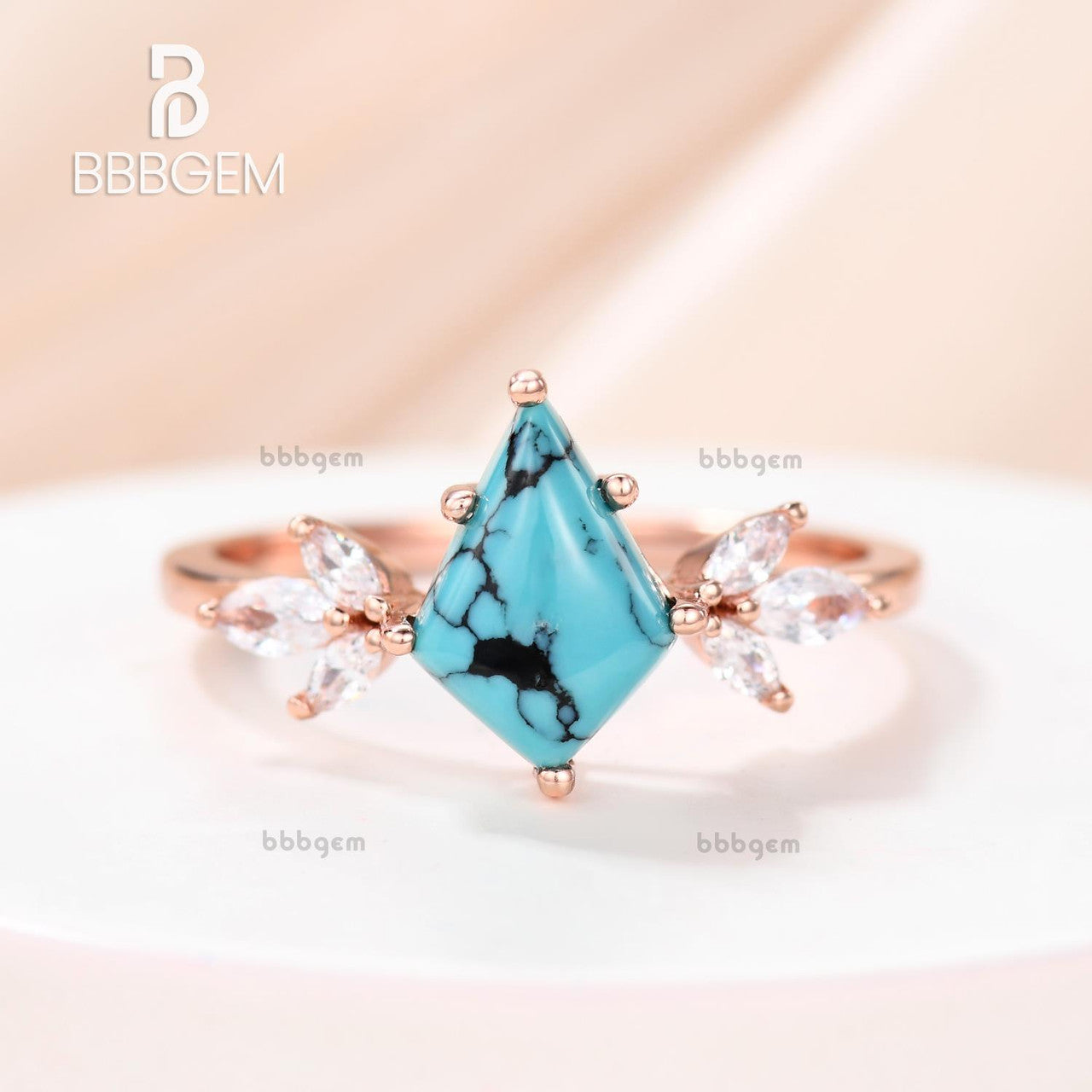 kite shape black turquoise engagement ring-kite cut turquoise wedding ring set in rose gold-bbbgem women gift