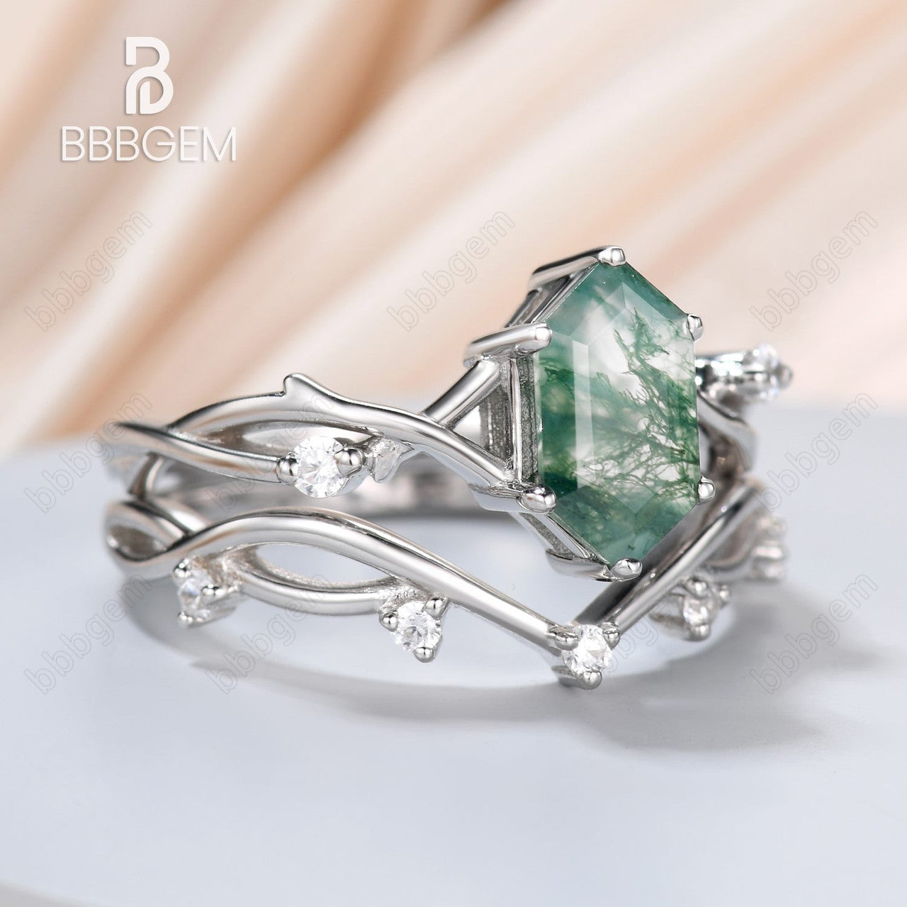 long hexagon moss agate vine ring set-twig vine elongated moss agate wedding ring set white gold-bbbgem