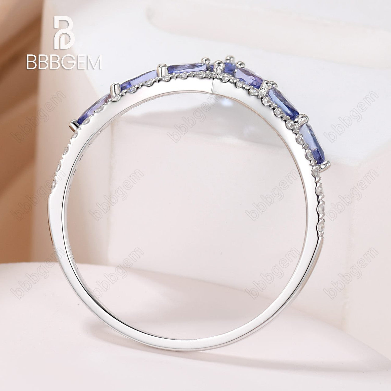 marquise tanzanite nesting band-tanzanite & moissanite wedding band-white gold tanzanite curved band-bbbgem band