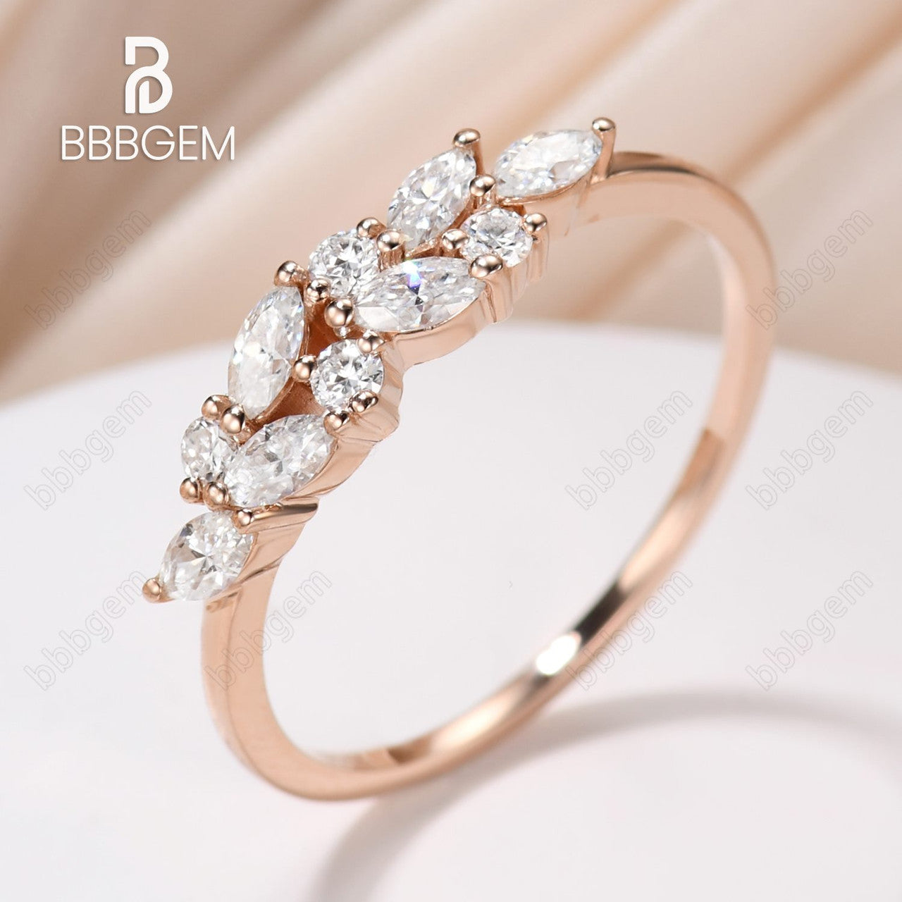 moissanite marquise band cluster rose gold-marquise and round moissanite wedding band-women wedding band