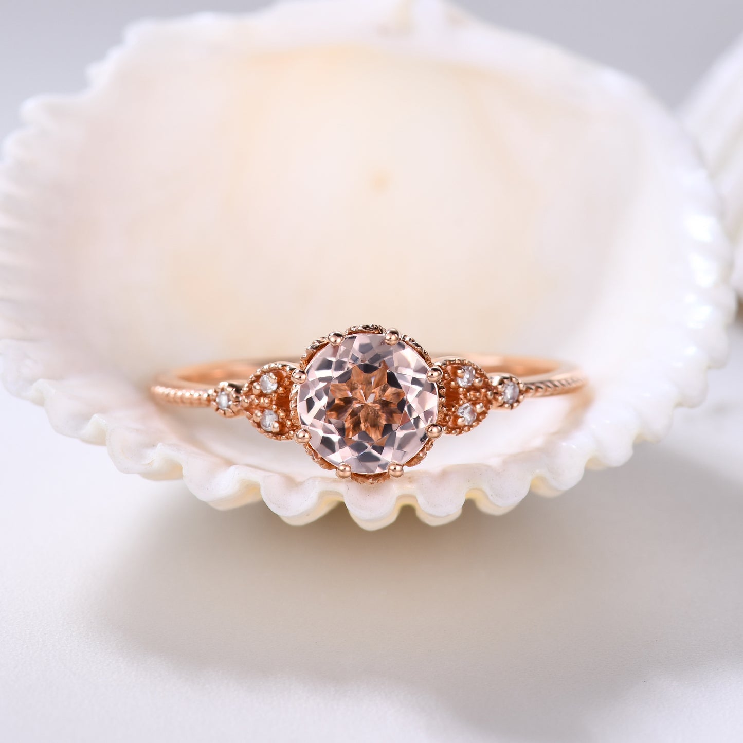 Retro Vintage Milgrain 7mm Round Morganite and Diamond Engagement Ring Women's Gift