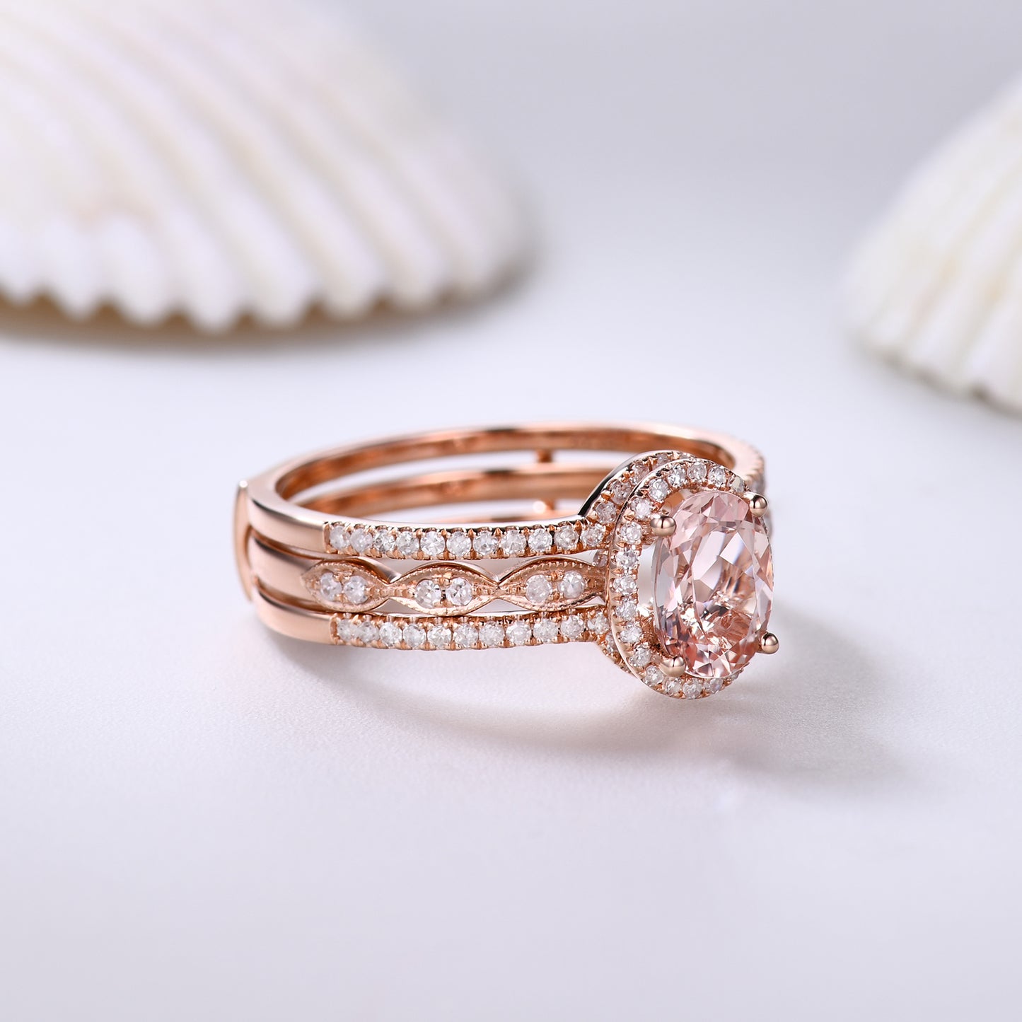 Stacking Oval Cut Morganite Bridal Ring Set and Diamond Enhanced Double Row Band