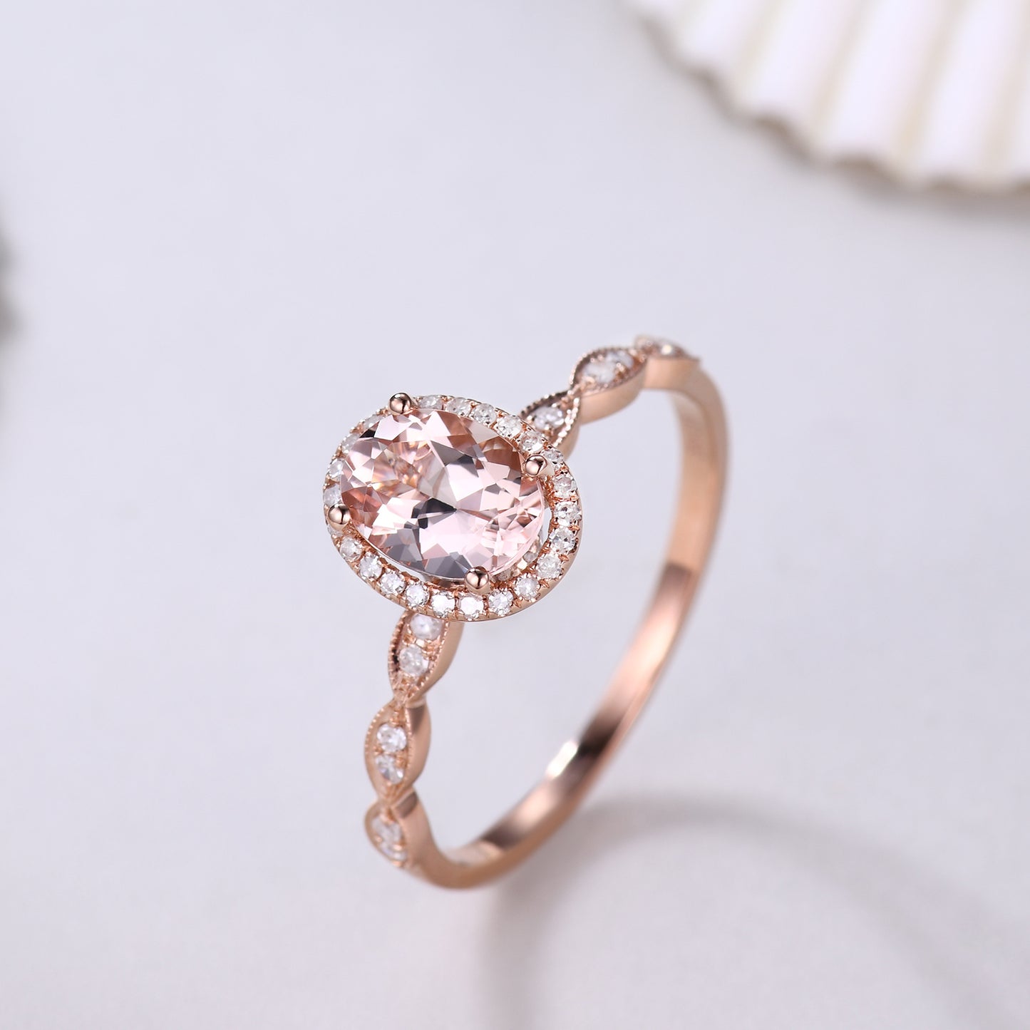 Milgrain 5x7mm Oval Cut Halo Morganite and Diamond Engagement Ring Art Deco