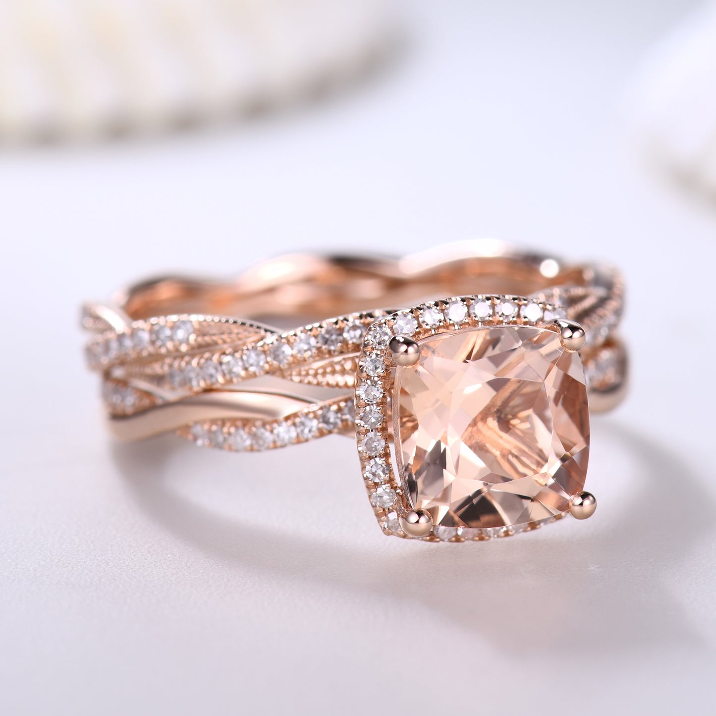Rose Gold Morganite and Diamond Engagement Ring Set Twist Infinity Wedding Band