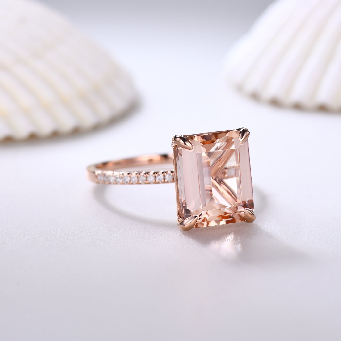 Big 8x10mm Emerald Cut Morganite and Diamond Engagement Ring Petite Band