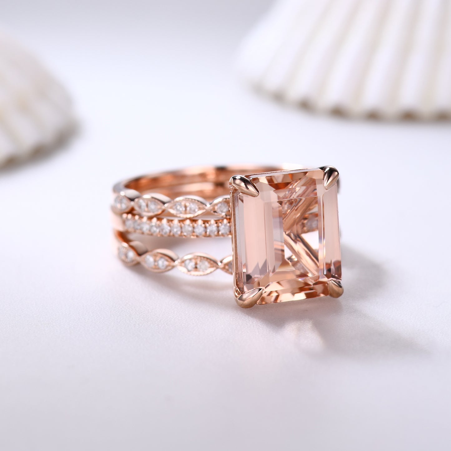 3pcs Big Emerald Cut Morganite Bridal Ring Set and Diamond Half Eternity Bands