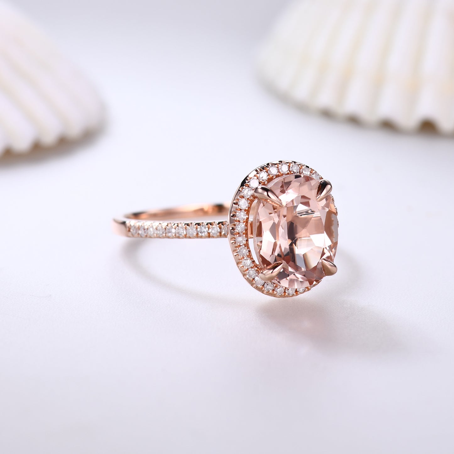 7x9mm Oval Cut Halo Morganite and Diamond Engagement Ring Petite Thin