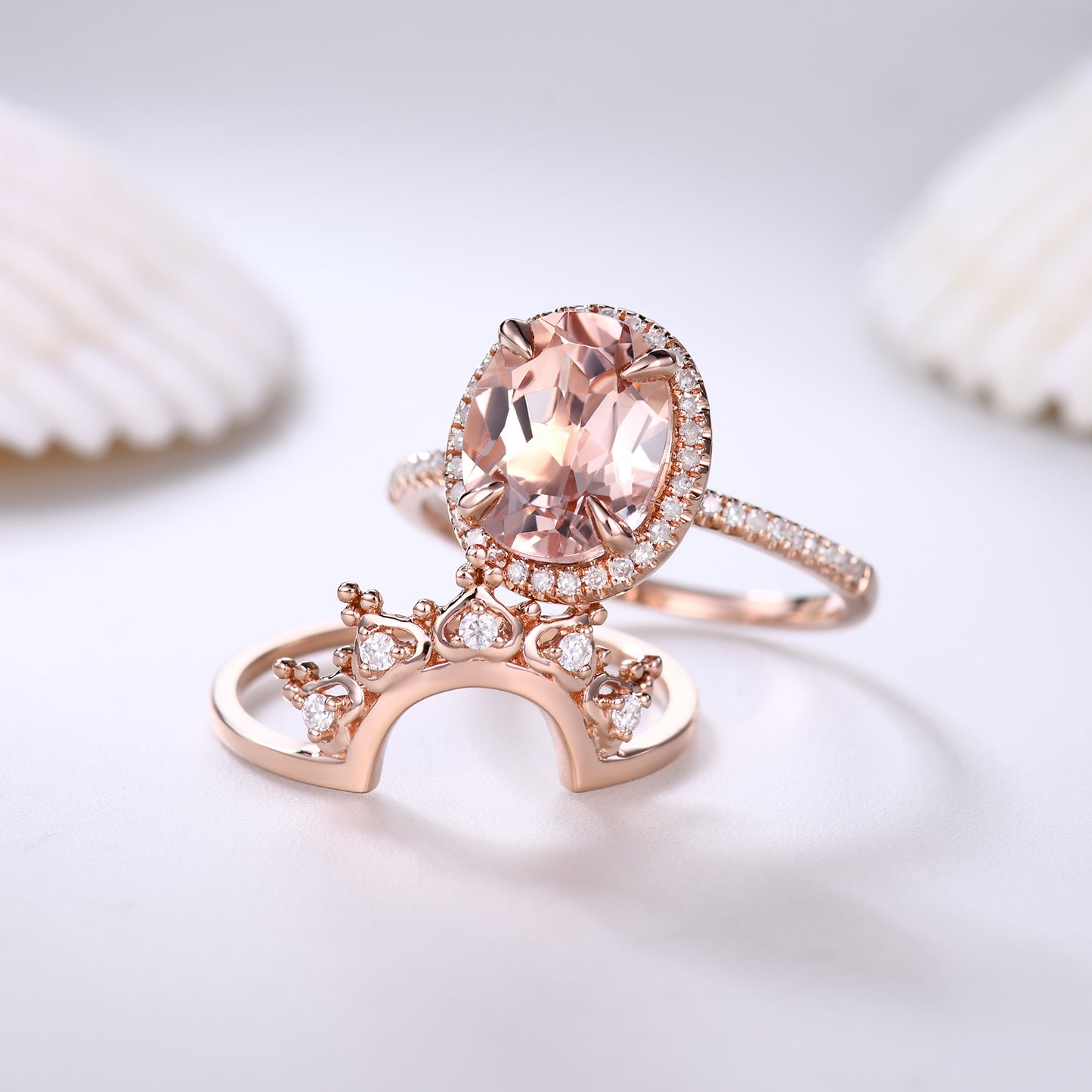 2pc Unique Oval Morganite and Diamond Bridal Ring Set Heart Crown Petite Thin