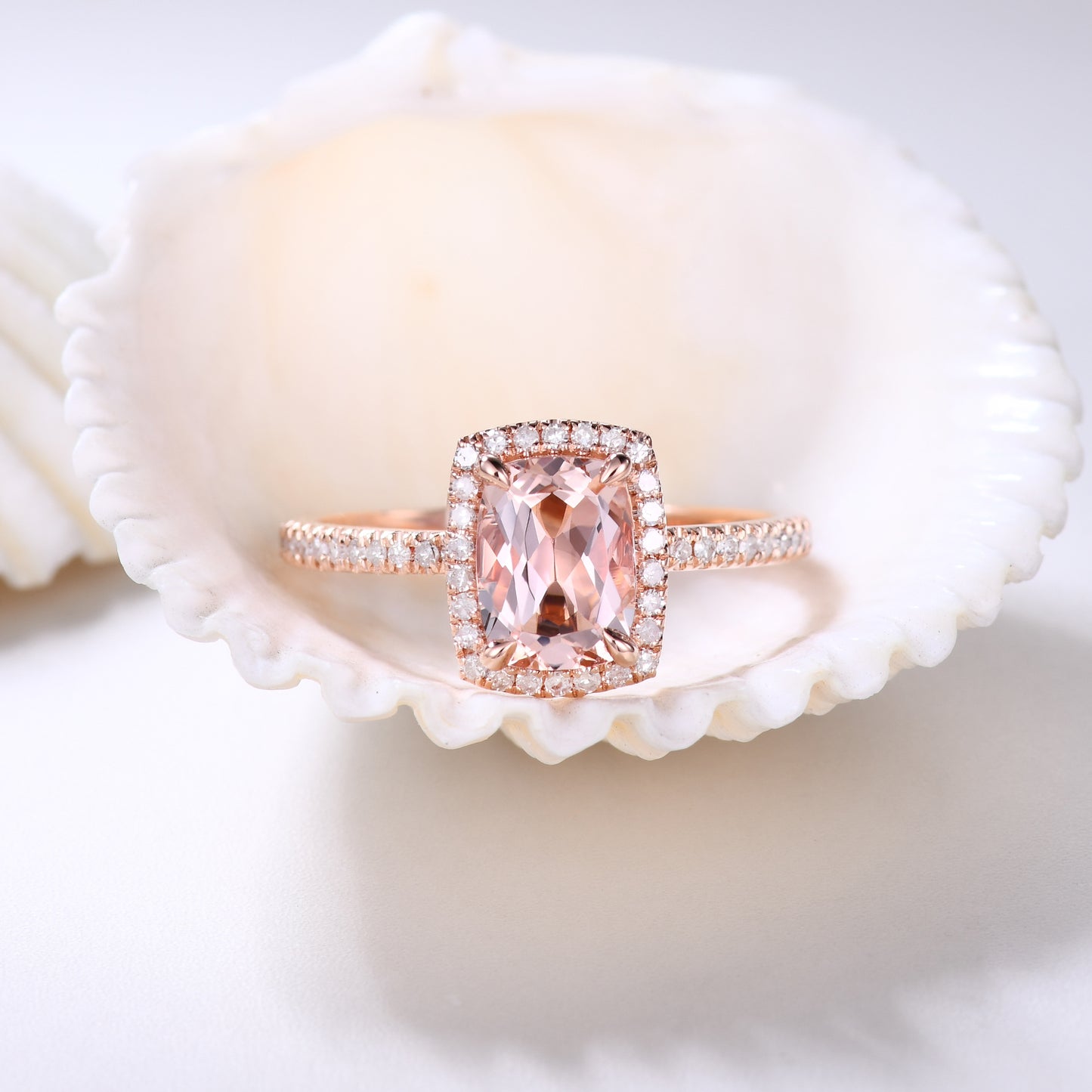 Cushion Halo 5x7mm Morganite and Diamond Bridal Ring Petite Thin Design