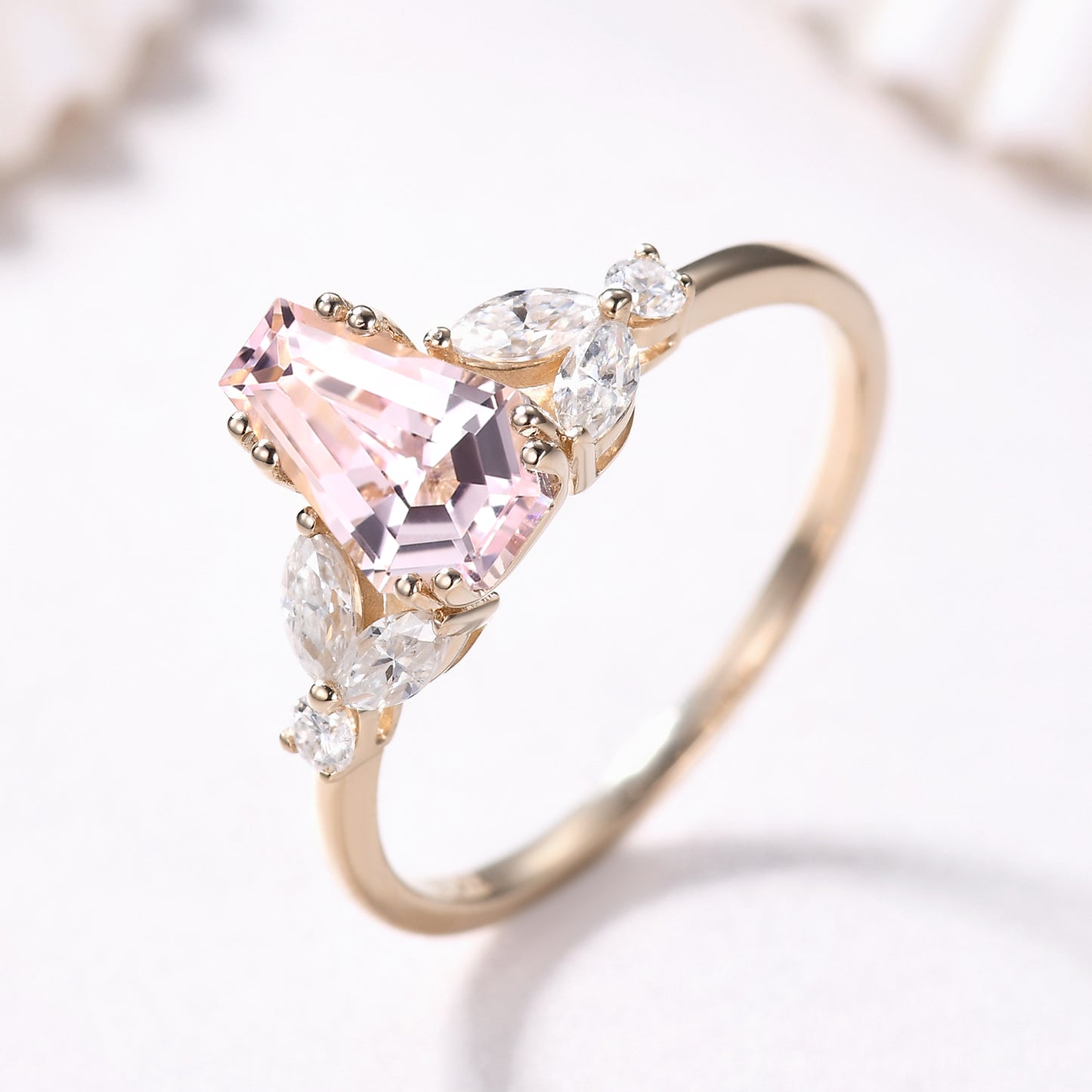 Coffin Cut Natural Morganite Engagement Ring with Marquise Moissanite Accent Stones
