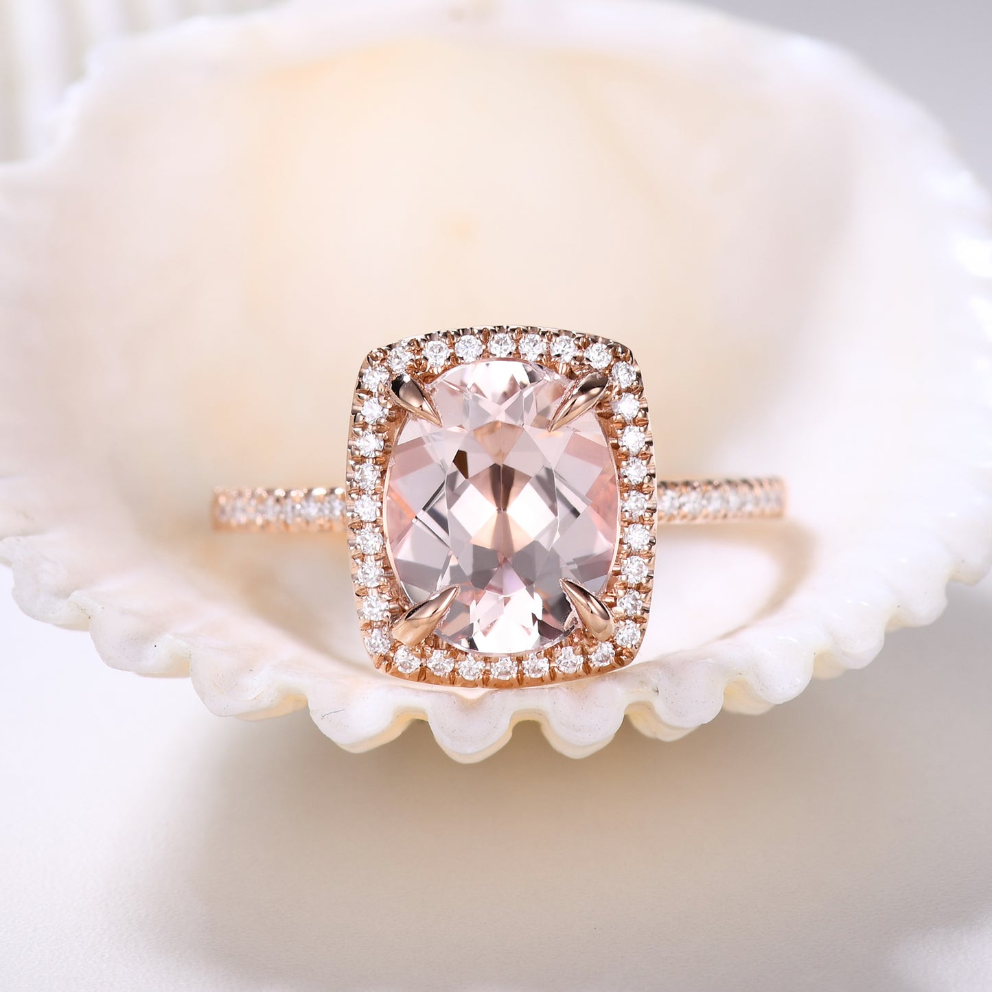 Cushion Halo 6x8mm Oval Cut Morganite and Diamond Bridal Ring Claw Prong Band