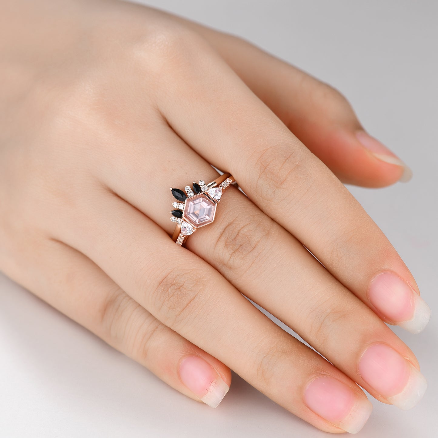 Unique Hexagan Morganite Wedding Ring Set Black Onyx Moissanite Matching Band