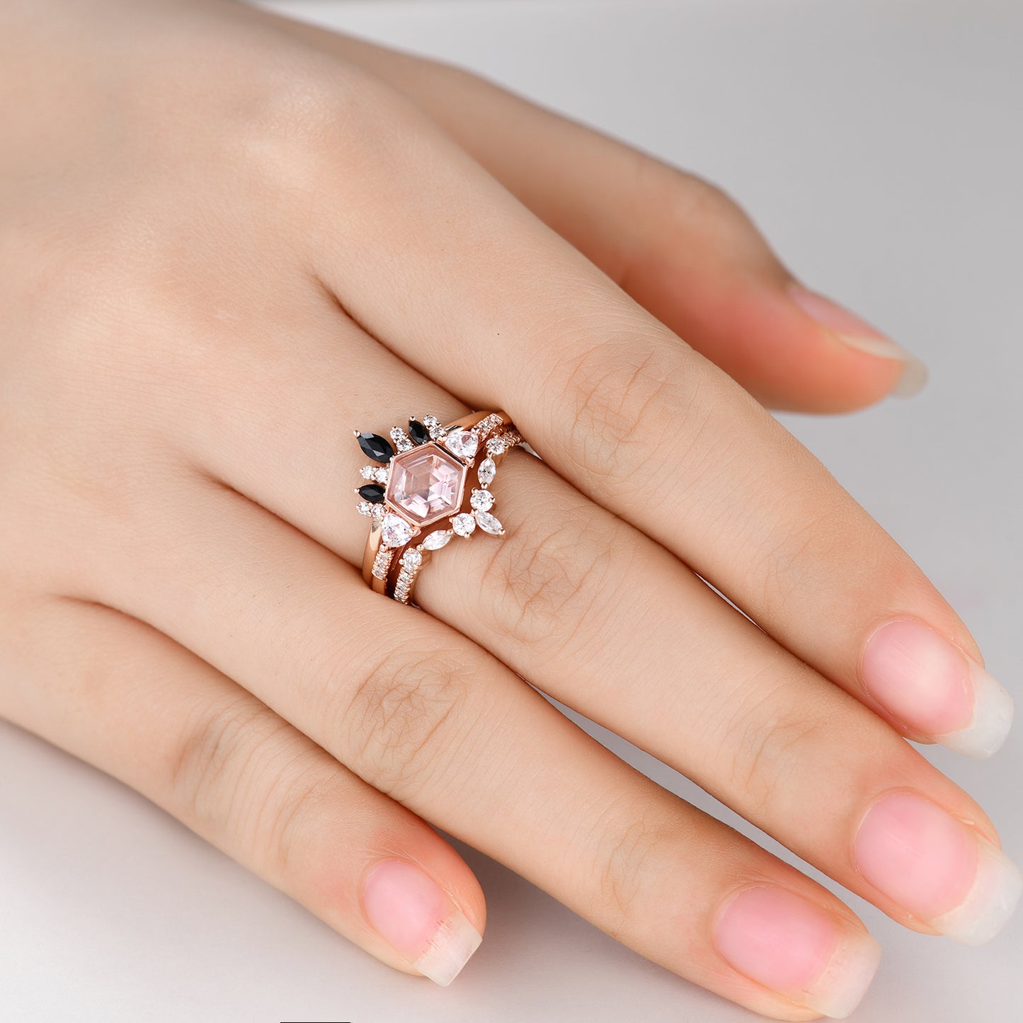 1 carat Hexagan Morganite and Trillian Morganite engagment Ring Unique Design