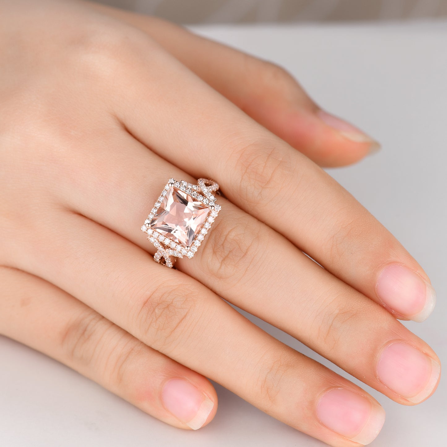 8mm Princess Cut Morganite engagment Ring and Inifinity Twisted Diamond Band