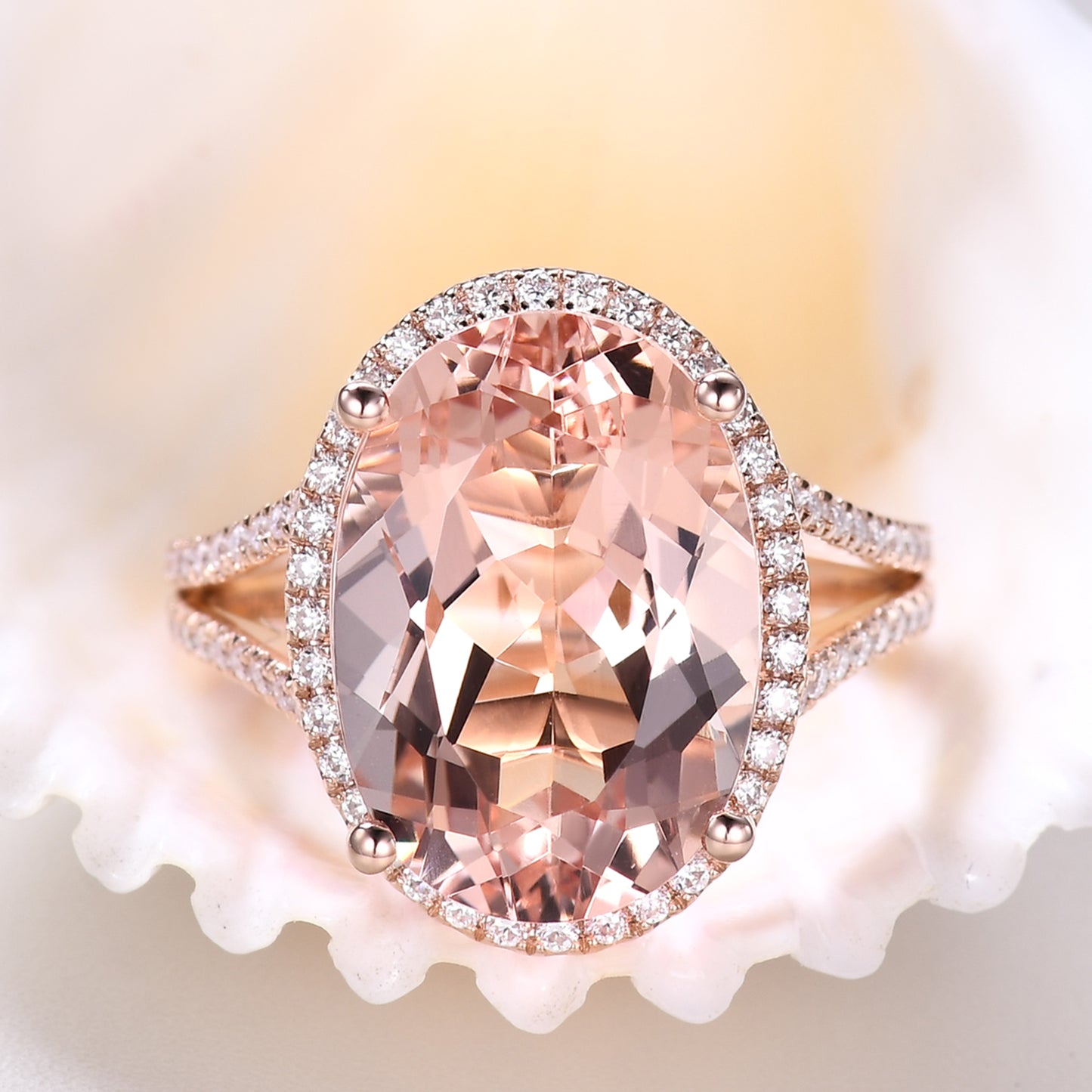 10x14mm Oval Cut Big Morganite Engagement Ring Halo Split Shank Antique Diamond Band