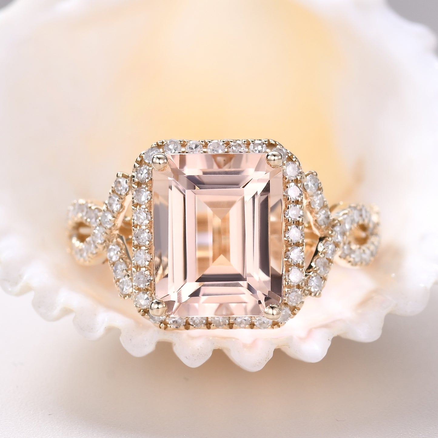 Vintage Emerald Cut Morganite Engagement Ring with Halo Diamond Split Shank Band