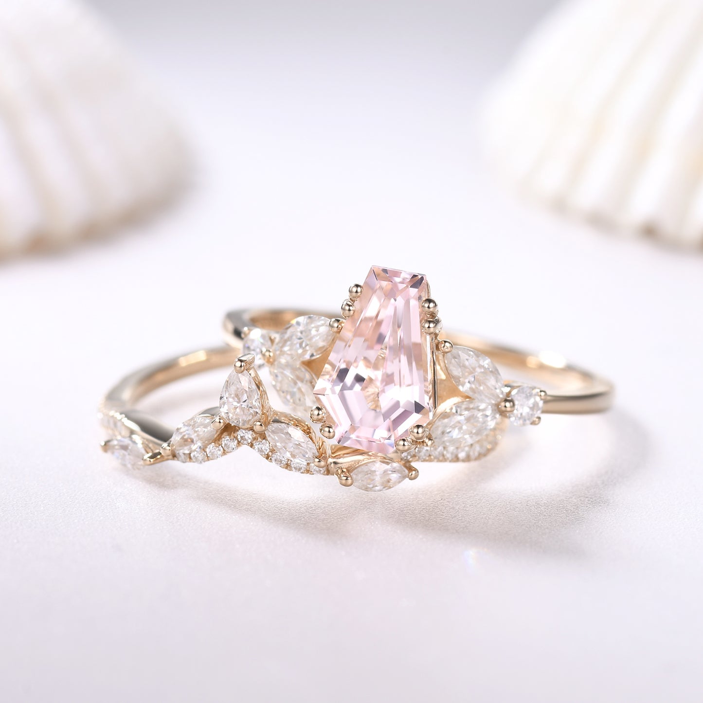 Unique Coffin Shaped Morganite Bridal Ring Set with Curved Matching Wedding Band