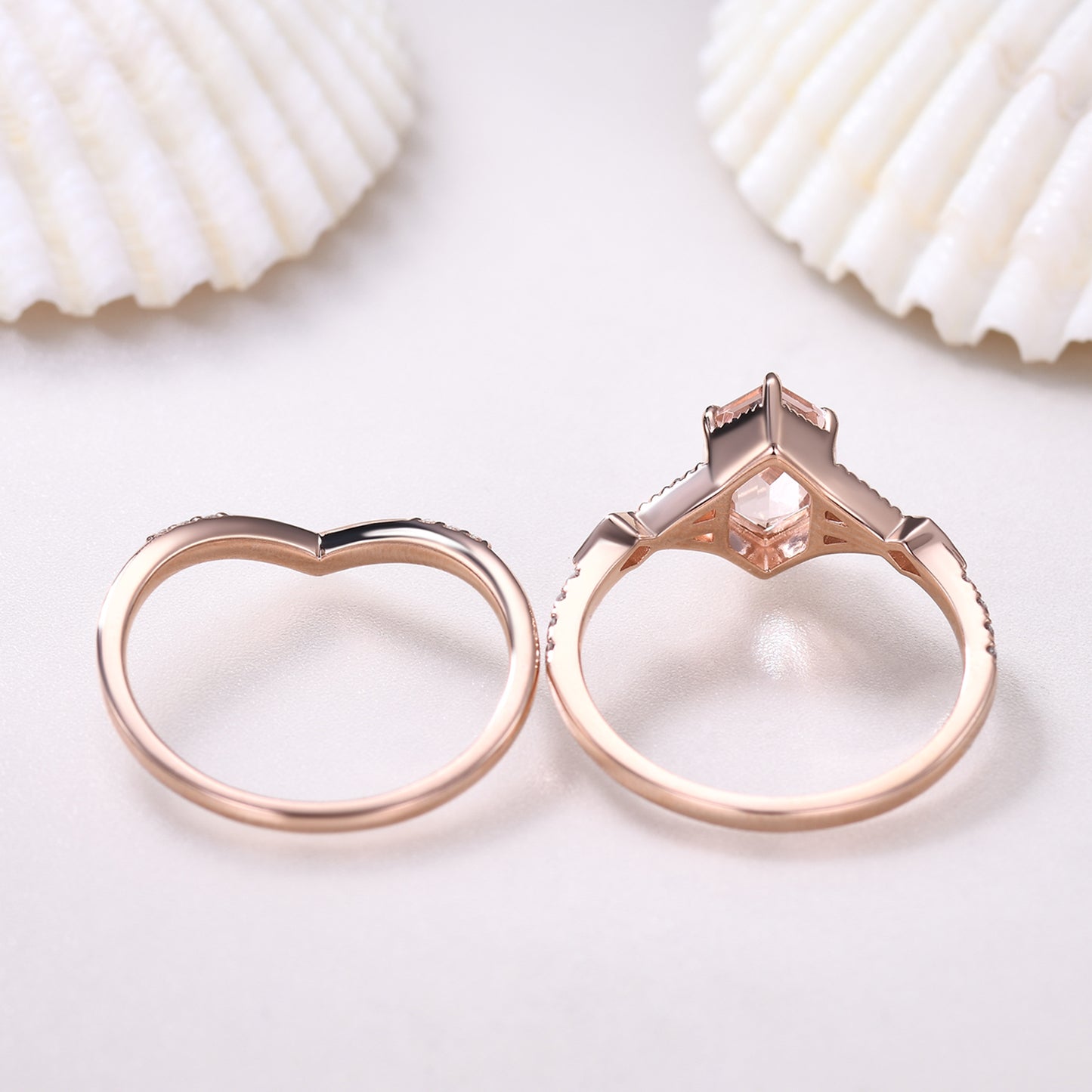 Vintage Long Hexagon Morganite Engagement Ring Set Diamond Rose Gold Band Art Deco Ring For Women