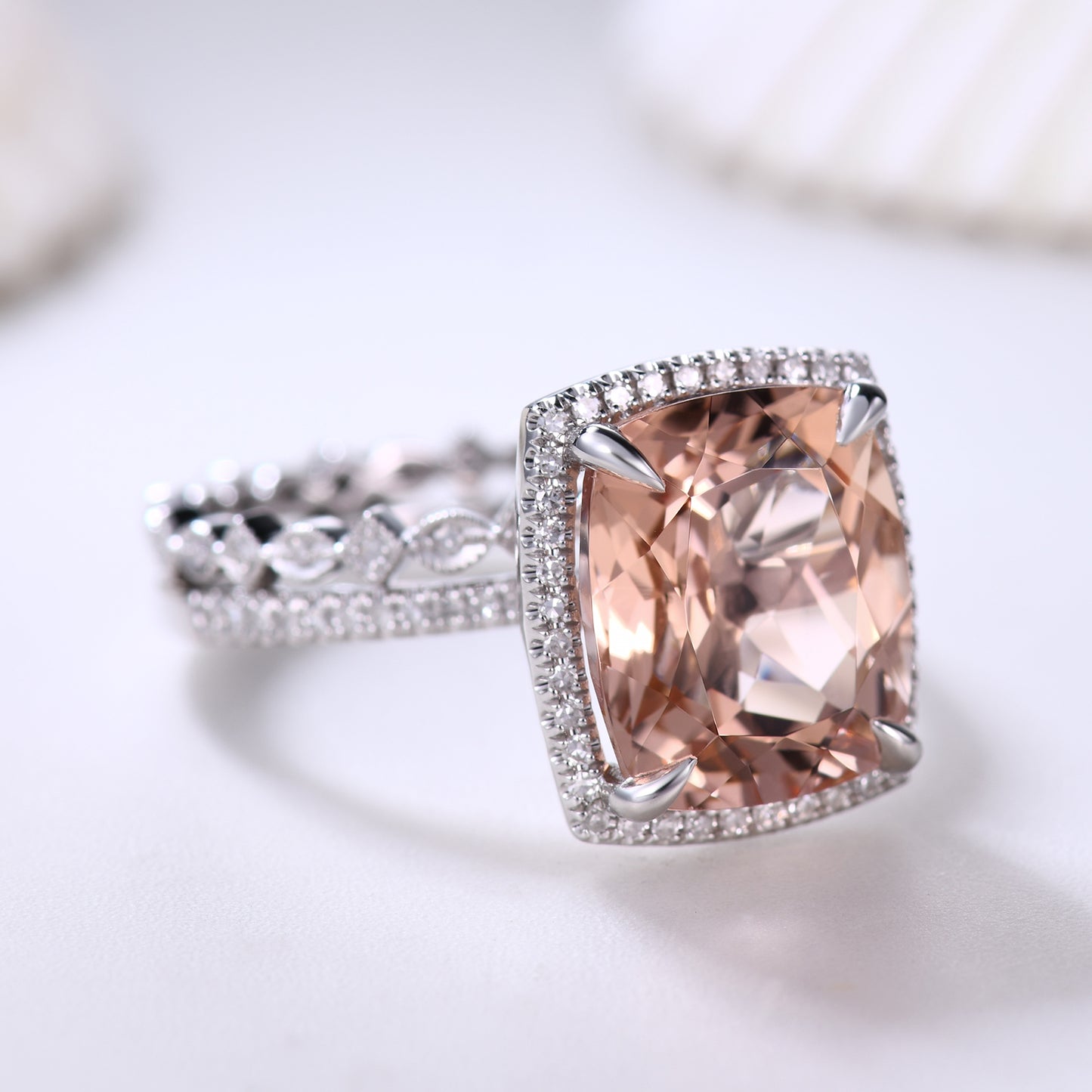 14K White Gold Big Cushion Cut Morganite Engagement Ring Set Art Deco Diamond Band