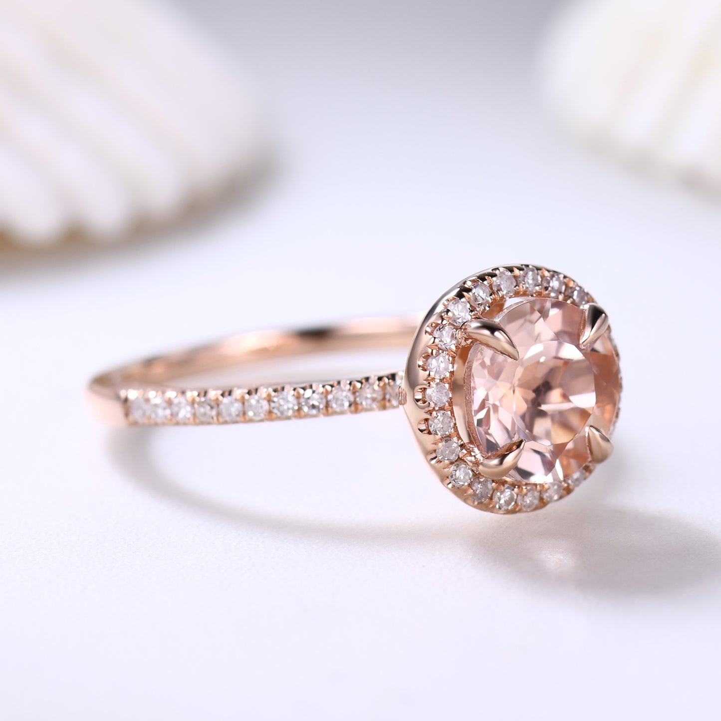 Classic Petite 1 carat Round Morganite Engagement Ring Rose Gold Halo Diamond Thin Design