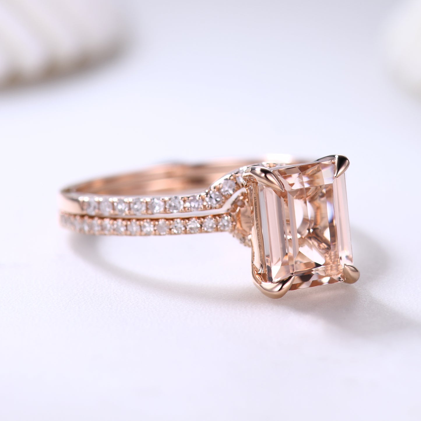Emerald Cut Hidden Halo Morganite Bridal Ring Set and Curved Diamond Matching Band