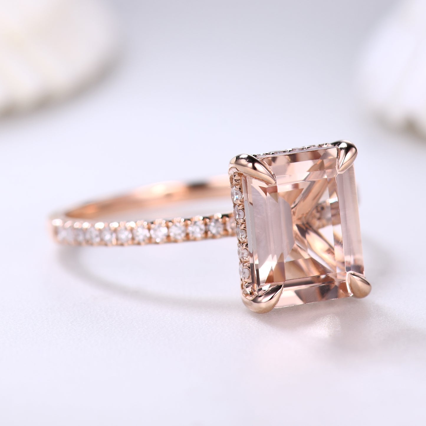 Hidden Halo 6x8mm Emerald Cut Morganite Engagement Ring Rose Gold with Diamond