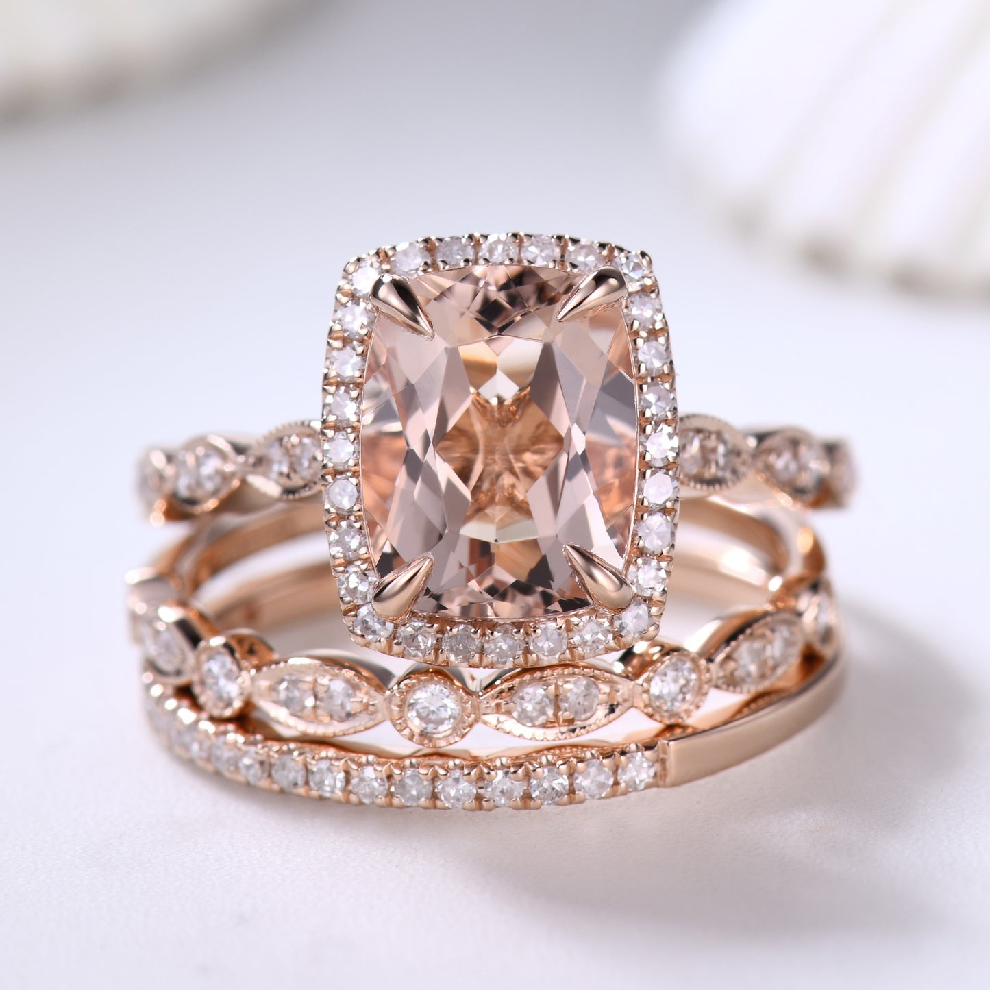 3pcs 7x9mm Cushion Cut Morganite Bridal Ring Set and Diamond Art Deco Wedding Band