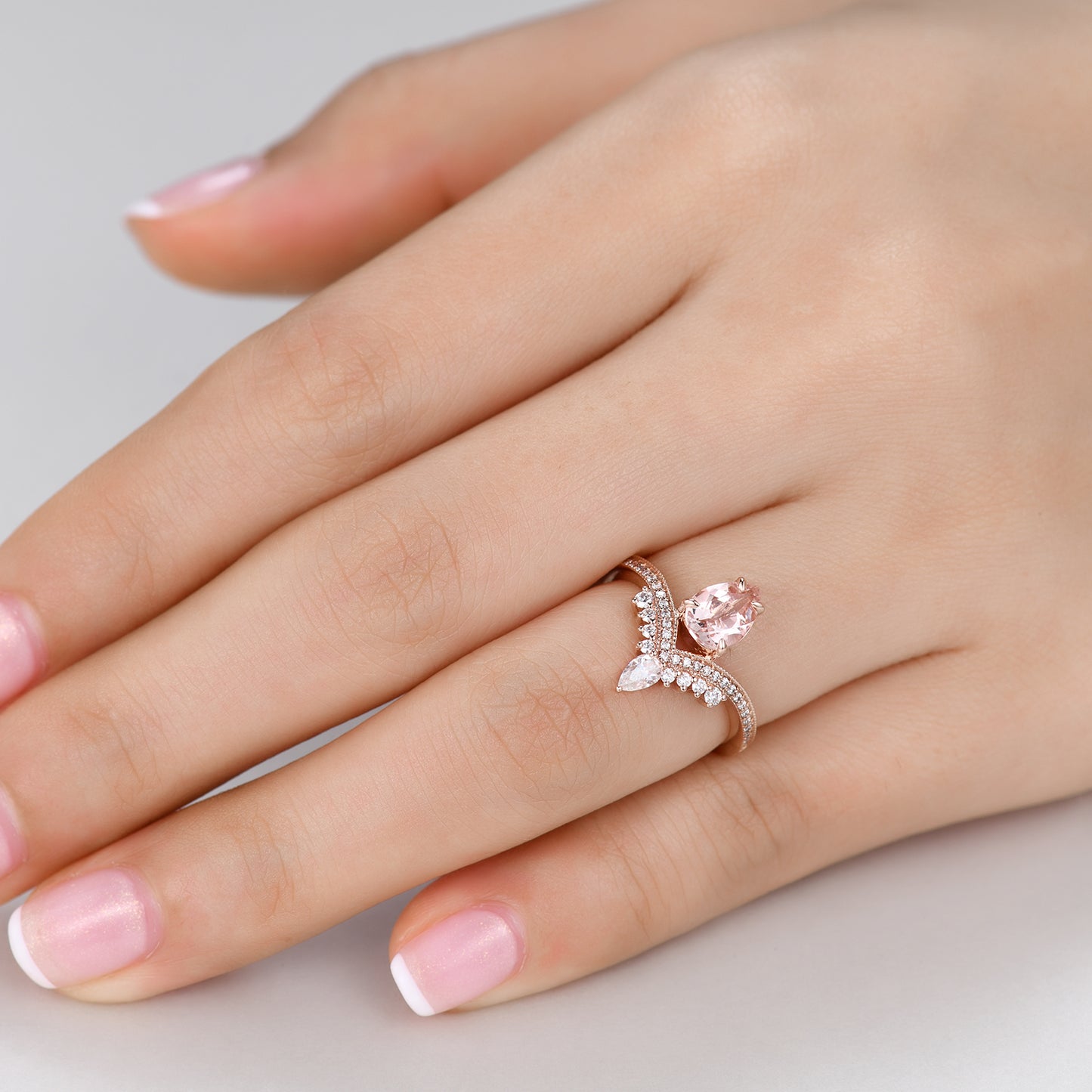 Teardrop Morganite Bridal Ring Set with Moissanite Curved Band Chevron Unique Crown Gift