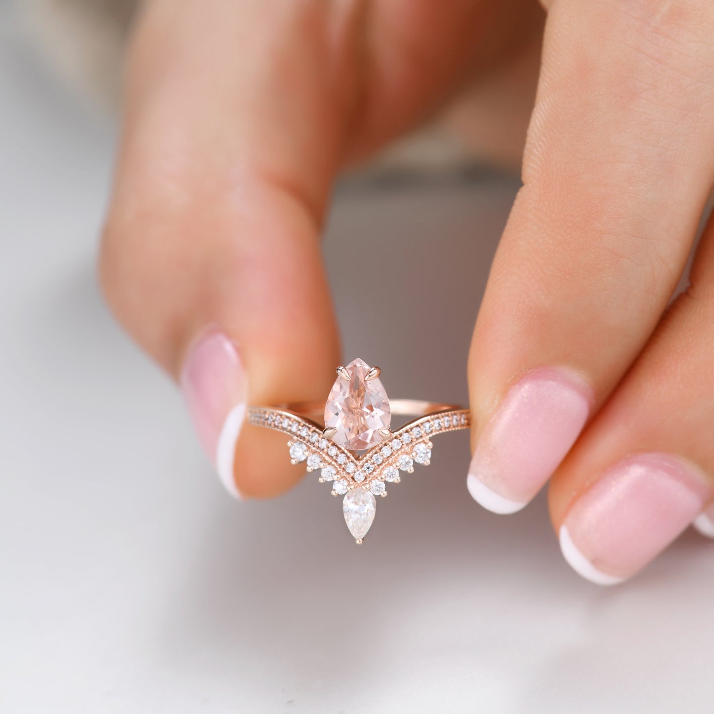 5x7mm Pear Cut Morganite Engagement Ring with Diamond Curved Accents Unique Gift