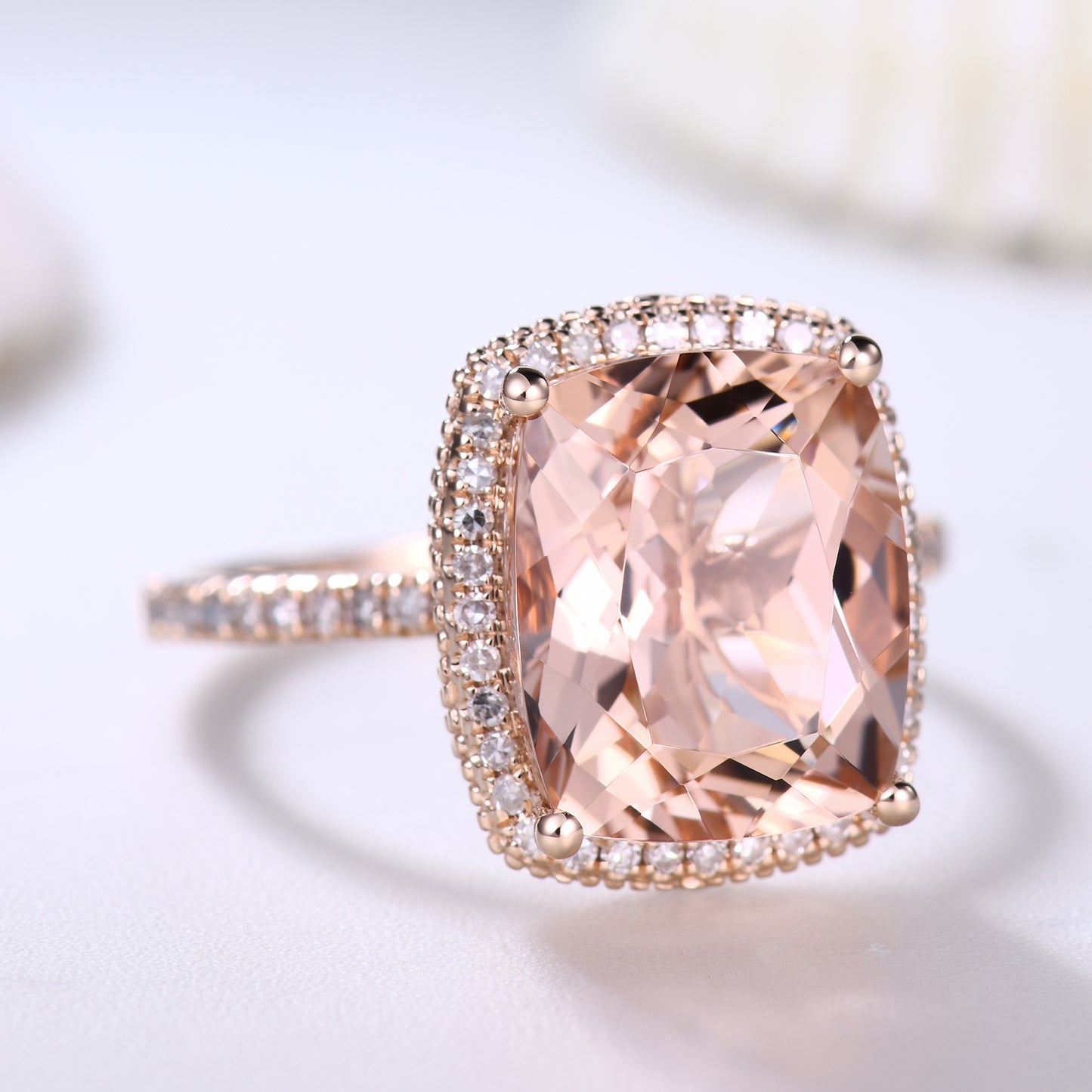 5 Carat Big Morganite Engagement Ring Filigree Halo Diamond Ring in Rose Gold