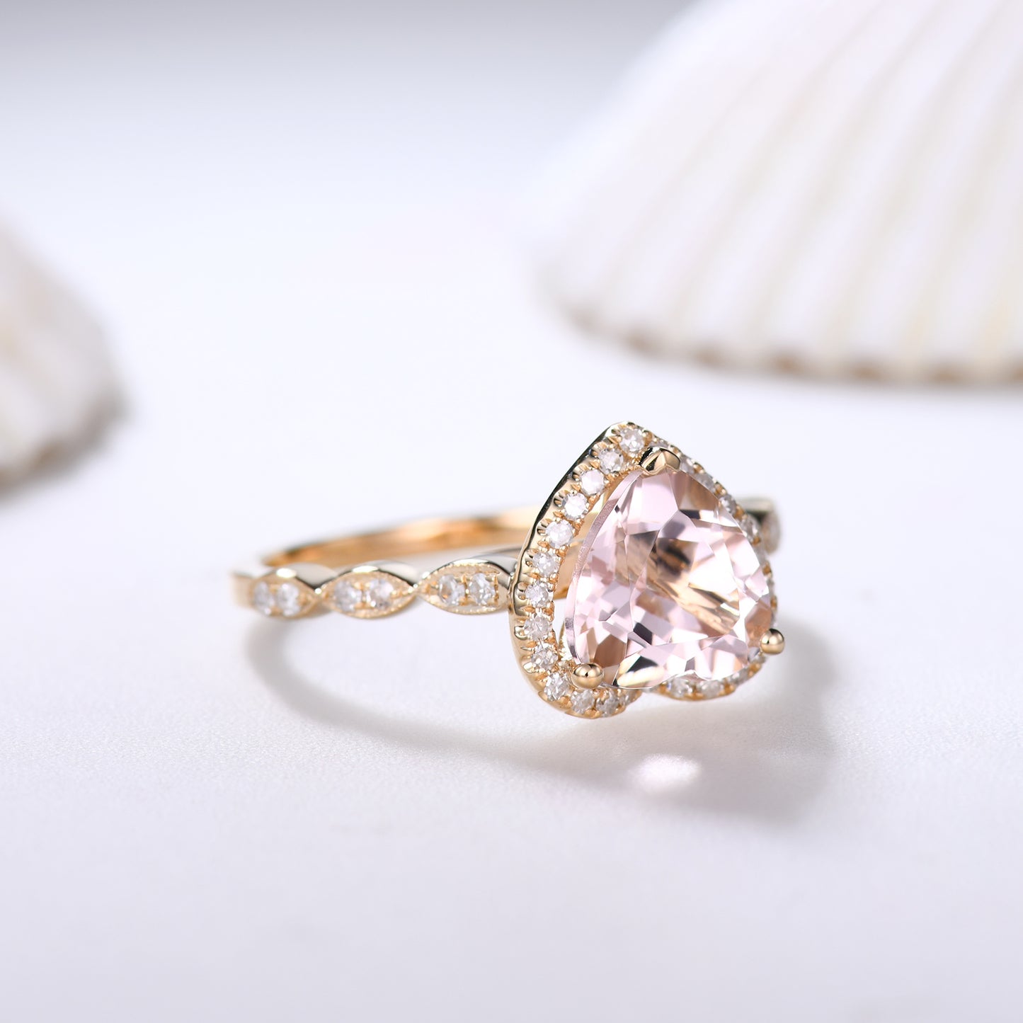 8mm Heart Shaped Morganite Engagement Ring with Halo Diamond Milgrain Art Deco Style