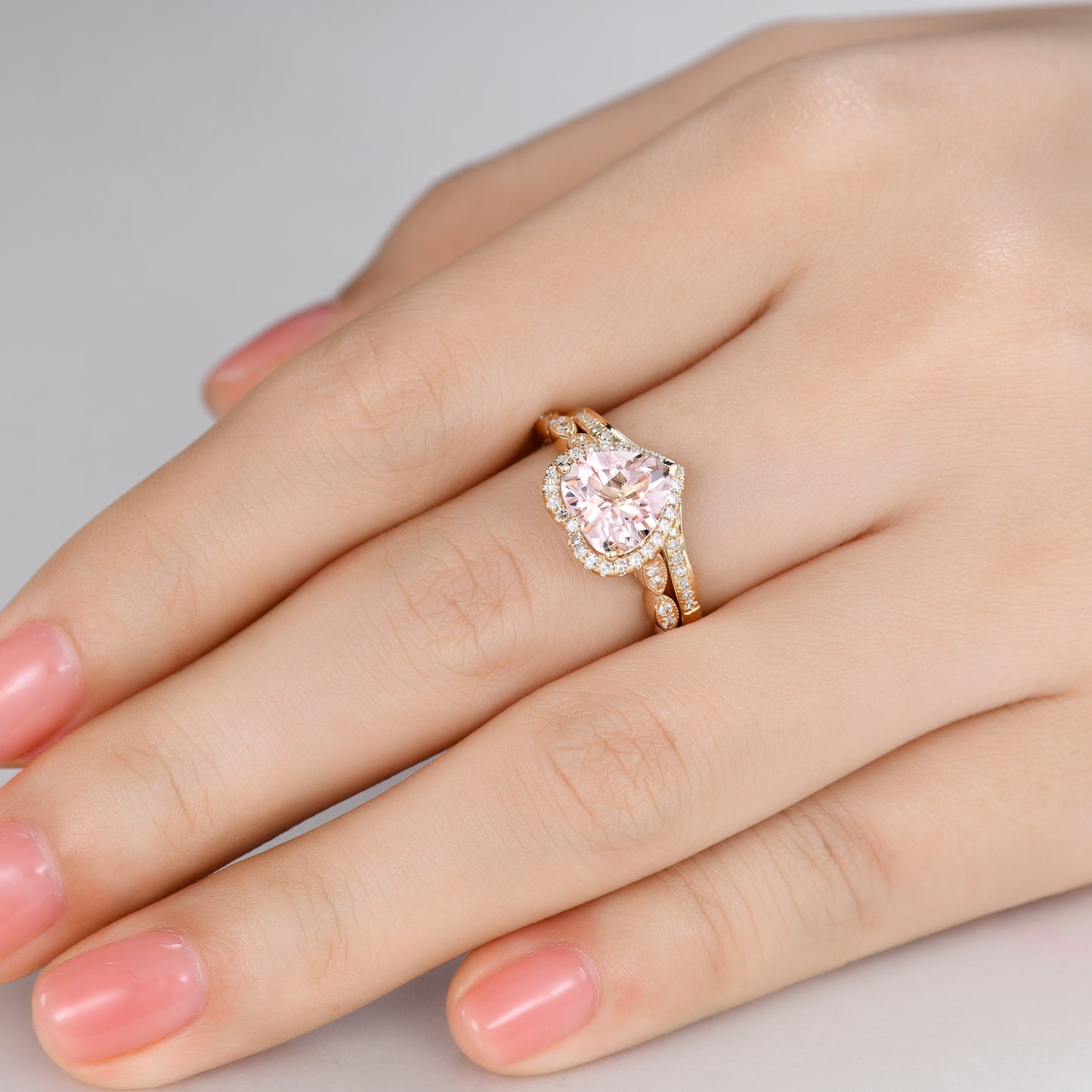 1.5 Carat Heart Shaped Morganite Engagement Ring Set Curved Diamond Stacking Band