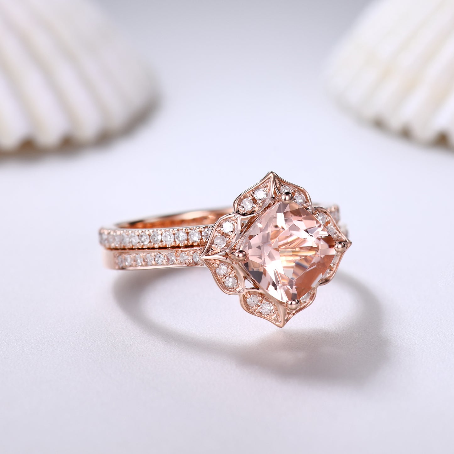 Floral Cushion Cut Morganite Engagement Ring Set and Diamond Full Eternity Band