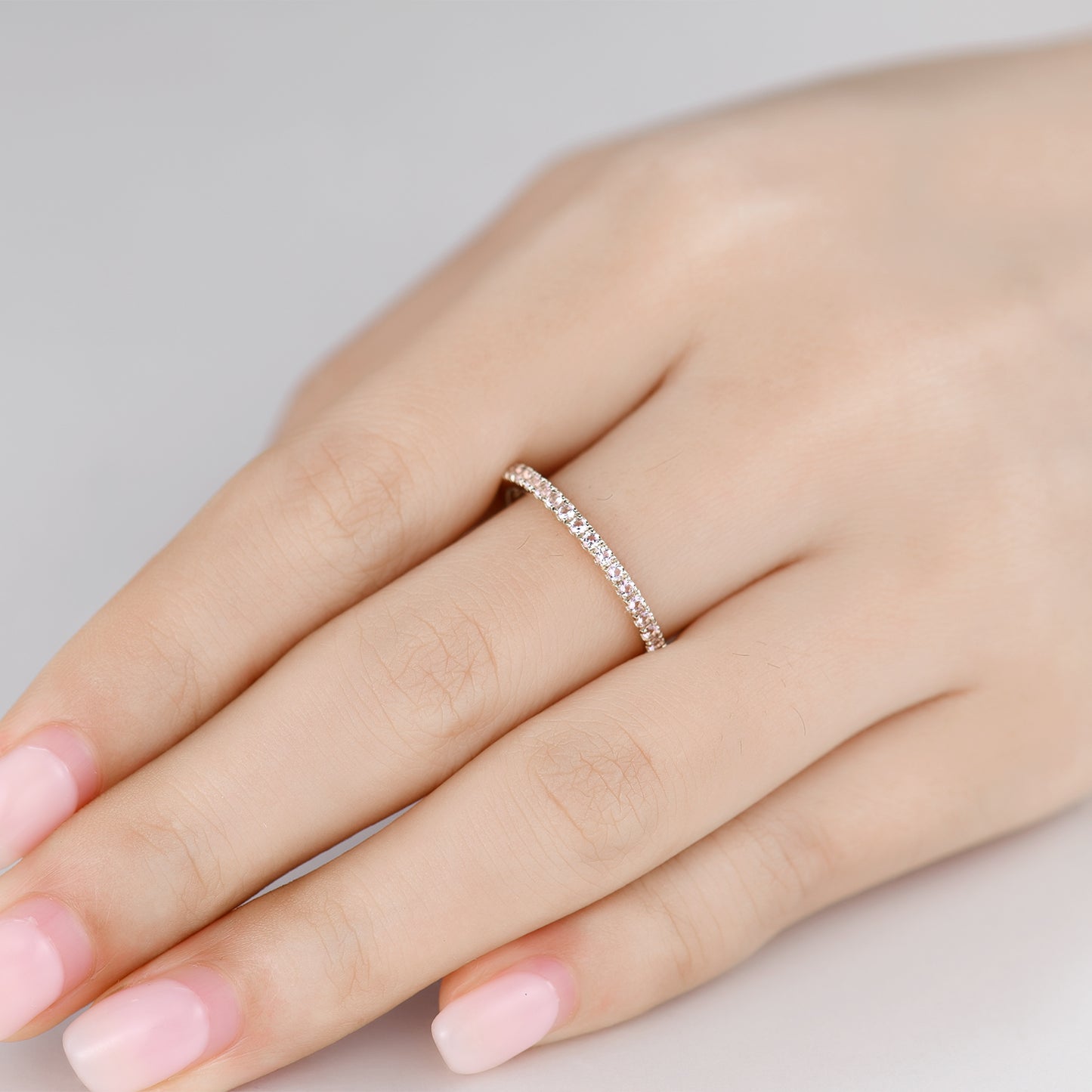 Petite Morganite Wedding Band Micro Pave 14k Yellow Gold Eternity Ring