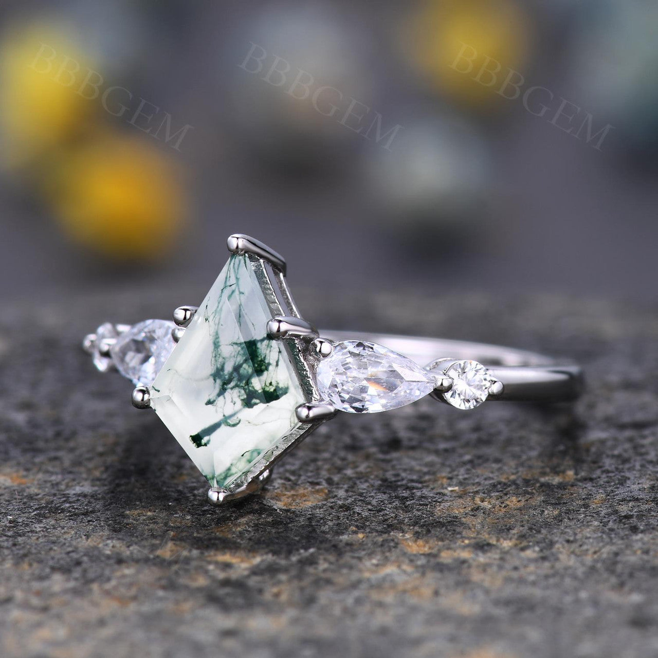 moss agate engagement ring-kite cut moss agate wedding ring-bbbgem Lozenge?Cut green moss agate white gold ring