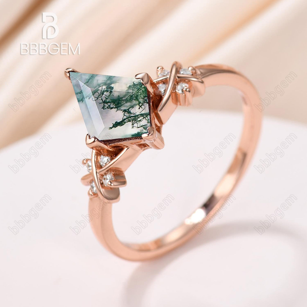 moss agate kite engagement ring-kite cut moss agate ring-moss agate jewelry-BBBGEM
