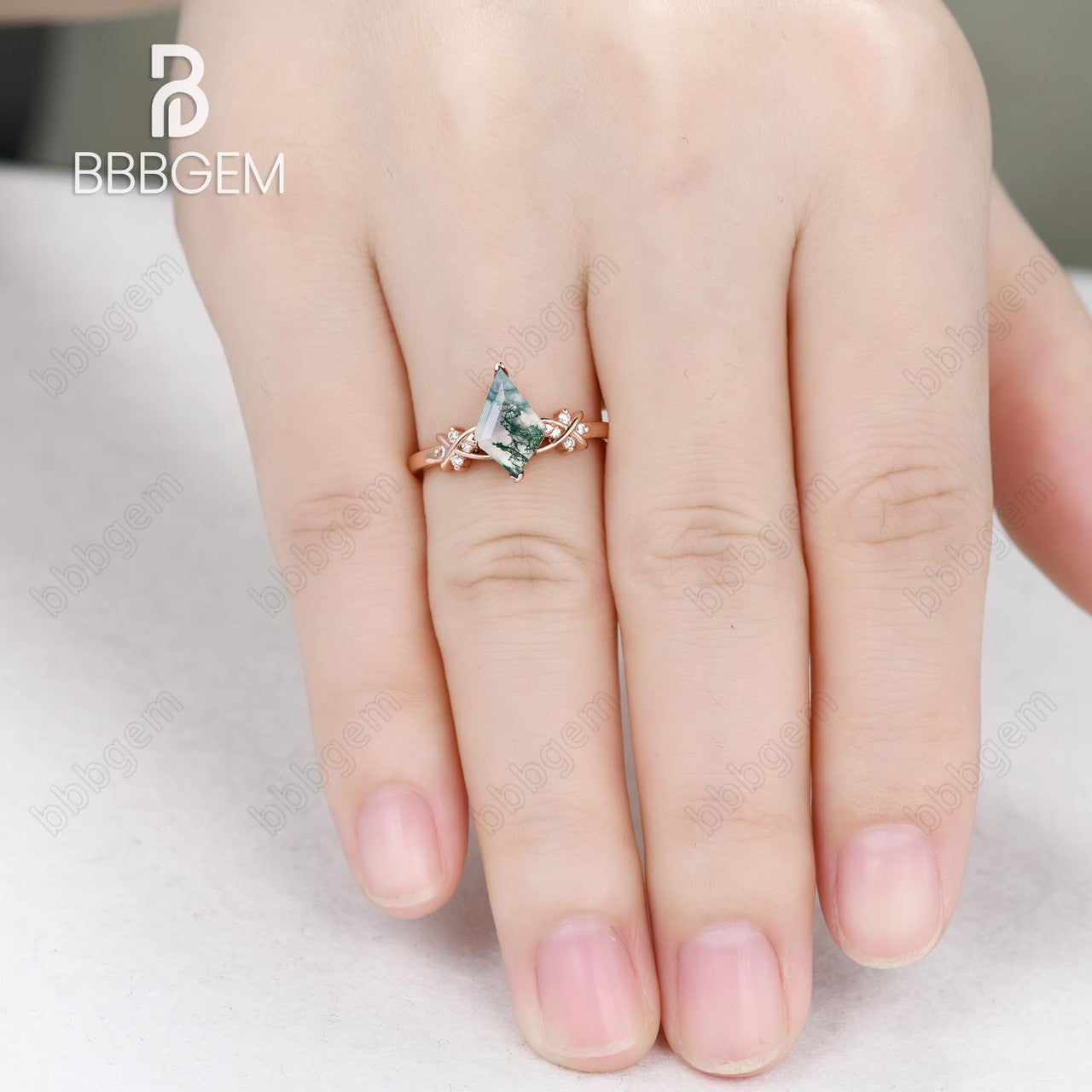moss agate kite engagement ring-kite cut moss agate ring-moss agate jewelry-BBBGEM