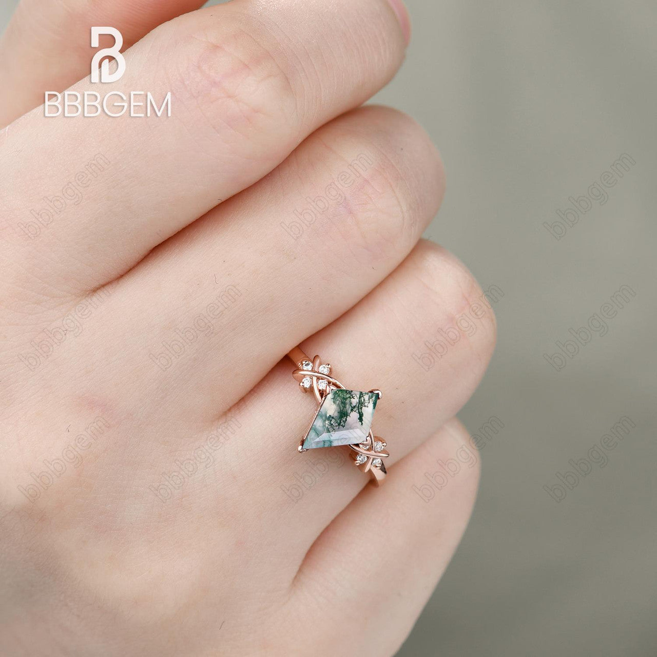 moss agate kite engagement ring-kite cut moss agate ring-moss agate jewelry-BBBGEM