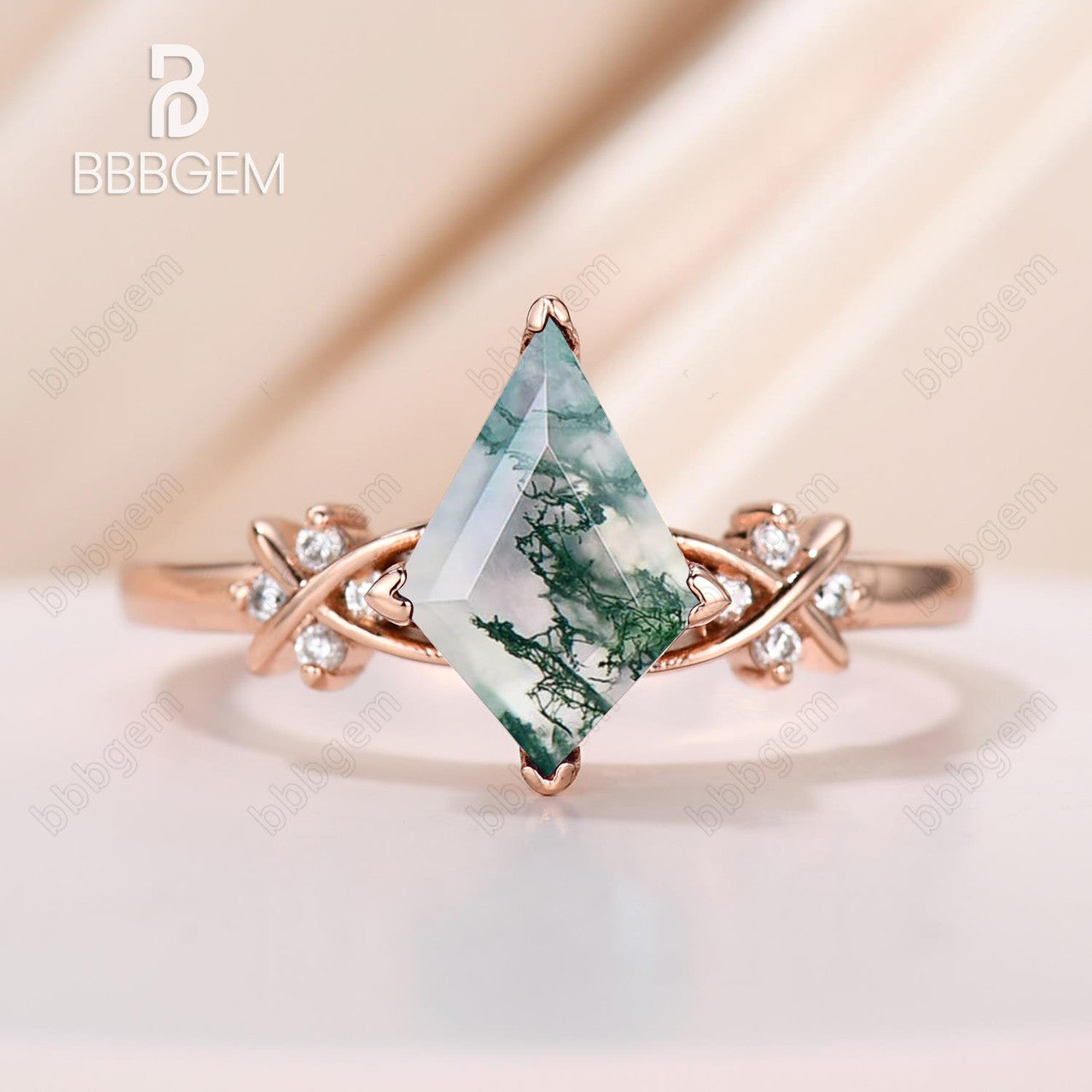 moss agate kite engagement ring-kite cut moss agate ring-moss agate jewelry-BBBGEM
