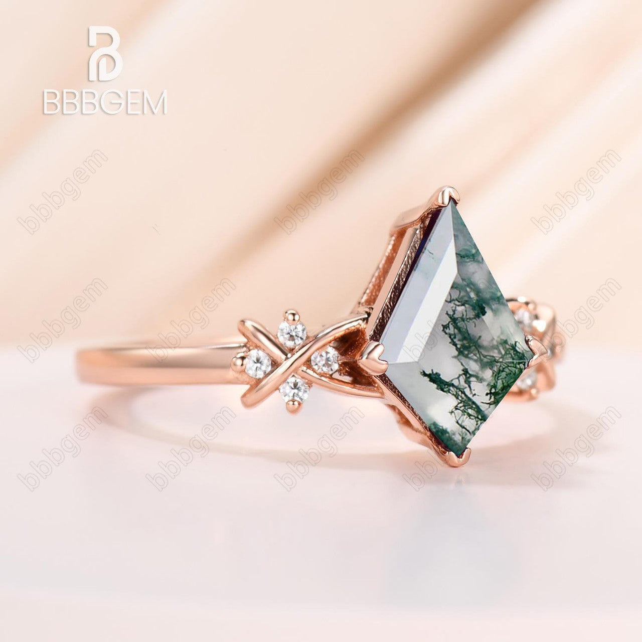 moss agate kite engagement ring-kite cut moss agate ring-moss agate jewelry-BBBGEM